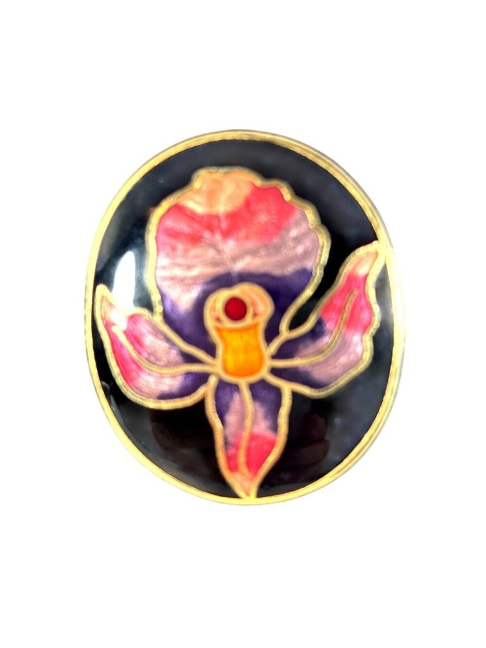 Cloisonné Style Enamel Iris Flower Brooch Black Gold Tone Floral Pin - Picture 1 of 7